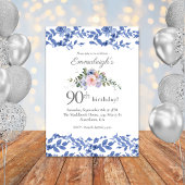 ブルーホワイトフローラハッピーバースデー 招待状