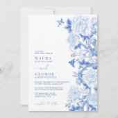 ブルーホワイトフローラバードシノワズリー庭園の結婚式 招待状 (正面)