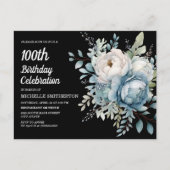 ブルーホワイトフローラブラック女子100誕生日 インビテーションポストカード (正面)