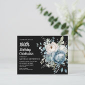 ブルーホワイトフローラブラック女子100誕生日 インビテーションポストカード (スタンド正面)