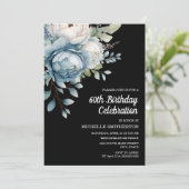 ブルーホワイトフローラブラック女子60誕生日 招待状 (スタンド正面)