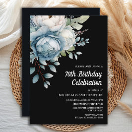 ブルーホワイトフローラブラック女子70誕生日 招待状