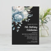 ブルーホワイトフローラブラック女子75誕生日 招待状 (スタンド正面)
