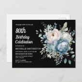 ブルーホワイトフローラブラック女子80誕生日 インビテーションポストカード (正面/裏面)