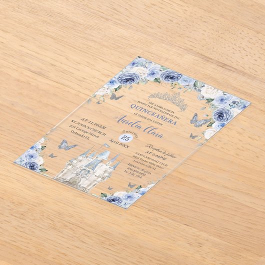 ブルーホワイトフローラプリンセスキャッスルキンセアニェラXV アクリル招待状 (レイダウン)