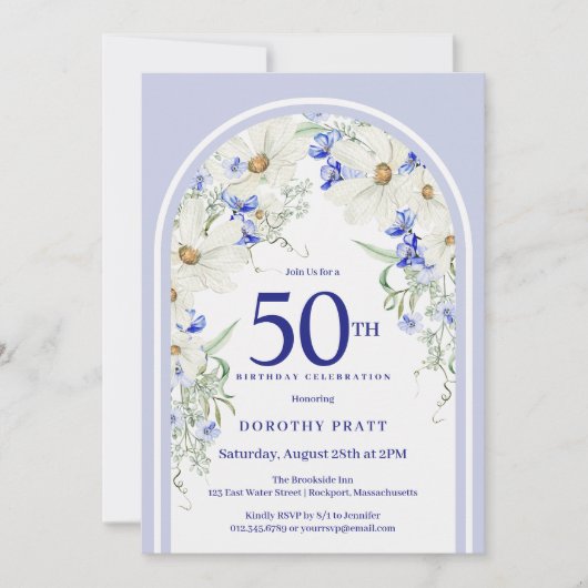 ブルーホワイトフローラボーホアルチ50thバースデーパーティー 招待状 (正面)