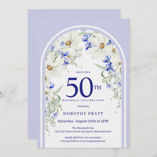 ブルーホワイトフローラボーホアルチ50thバースデーパーティー 招待状 (正面/裏面)