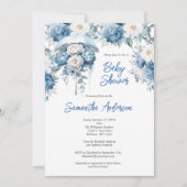 ブルーホワイトフローラ傘ボーイベビーシャワー 招待状 (正面)