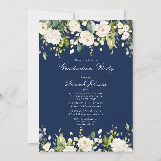 ブルーホワイトフローラ写真卒業パーティー 招待状 (正面)