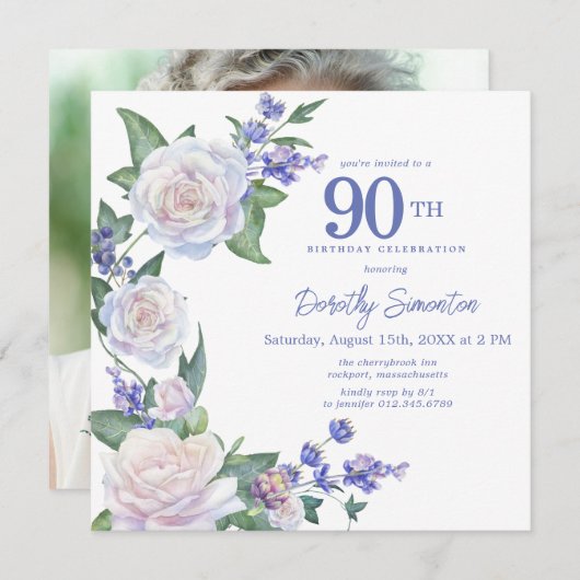 ブルーホワイトフローラ写真第90誕生日スクエア 招待状 (正面/裏面)