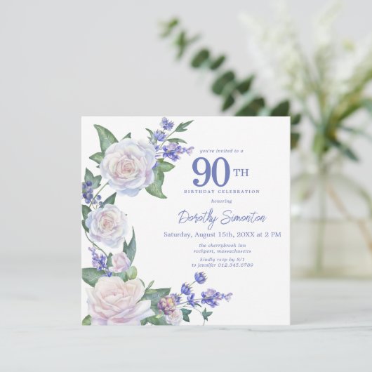 ブルーホワイトフローラ写真第90誕生日スクエア 招待状 (スタンド正面)