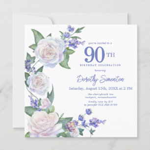 ブルーホワイトフローラ写真第90誕生日スクエア 招待状