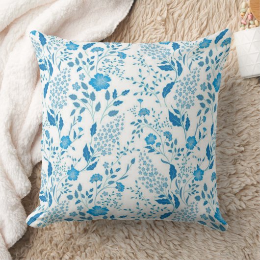 ブルーホワイトフローラ刺しゅうスタイル模様 クッション (ブランケット)