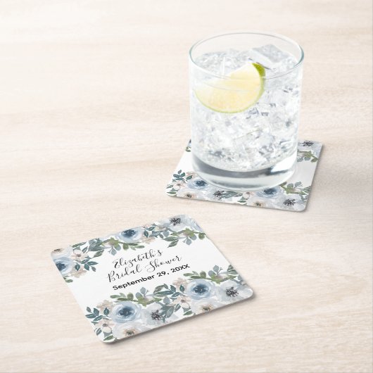 ブルーホワイトフローラ水彩ブライダルシャワー スクエアペーパーコースター (インサイチュ)