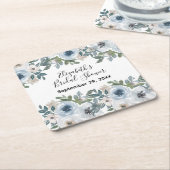 ブルーホワイトフローラ水彩ブライダルシャワー スクエアペーパーコースター (アングル)