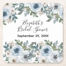 ブルーホワイトフローラ水彩ブライダルシャワー スクエアペーパーコースター