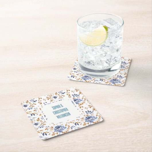 ブルーホワイトフローラ結婚ズ スクエアペーパーコースター (インサイチュ)