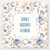 ブルーホワイトフローラ結婚ズ スクエアペーパーコースター (正面)