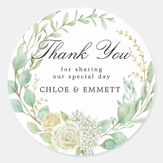 ブルーホワイトフローラ結婚式の引き出物ありがとう ラウンドシール (正面)