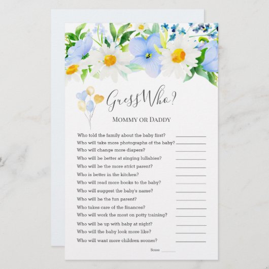 ブルーホワイトフローラ誰が赤ちゃんシャワーゲーム (正面/裏面)
