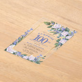 ブルーホワイトフローラ100誕生日サプライズパーティー アクリル招待状 (レイダウン)