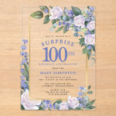 ブルーホワイトフローラ100誕生日サプライズパーティー アクリル招待状 (正面)