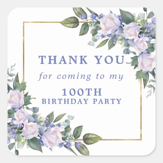 ブルーホワイトフローラ100th誕生日ありがとう スクエアシール (正面)