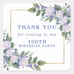 ブルーホワイトフローラ100th誕生日ありがとう スクエアシール