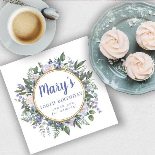 ブルーホワイトフローラ100th誕生日ありがとう スタンダードランチョンナプキン