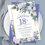 ブルーホワイトフローラ18誕生日サプライズパーティー 招待状<br><div class="desc">この19誕生日サプライズエレガントパーティの招待状と特別な女フェミニン性を称える。驚きと19日は大き書な青い文字だ。誕生祝い後を追。ゲストの名前も青い大文字で表記されている。誕生祝い詳細はシックな金ゴールドフレームに囲まれている。フローラ素子は深い緑色の離れ層である。</div>