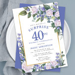 ブルーホワイトフローラ40thバースデーサプライズパーティー 招待状<br><div class="desc">この40歳の誕生日サプライズエレガントパーティの招待状と特別な女フェミニン性を称える。驚きと40日は大き書な青い文字だ。誕生祝い後を追。ゲストの名前も青い大文字で表記されている。誕生祝い詳細はシックな金ゴールドフレームに囲まれている。フローラ素子は深い緑色の離れ層である。</div>