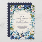 ブルーホワイトフローラ60thスキャロプ誕生日 招待状 (正面/裏面)