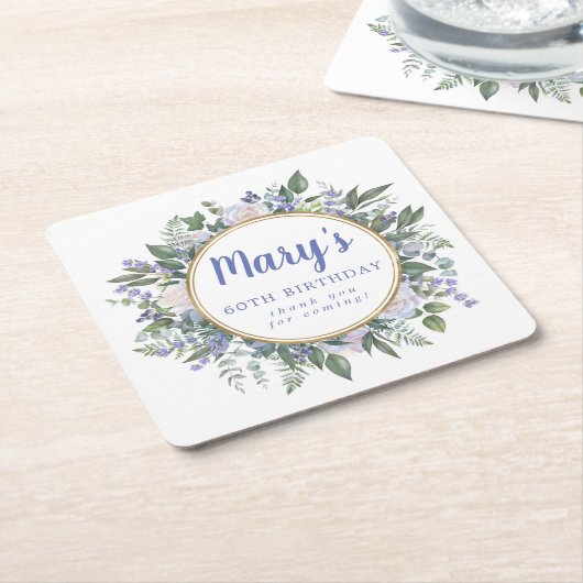 ブルーホワイトフローラ60th誕生日ありがとう スクエアペーパーコースター (アングル)