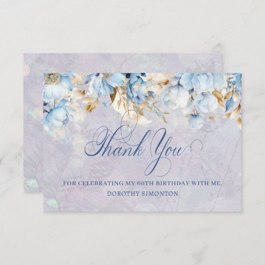 ブルーホワイトフローラ60th誕生日サンキューフラット サンキューカード (正面/裏面)