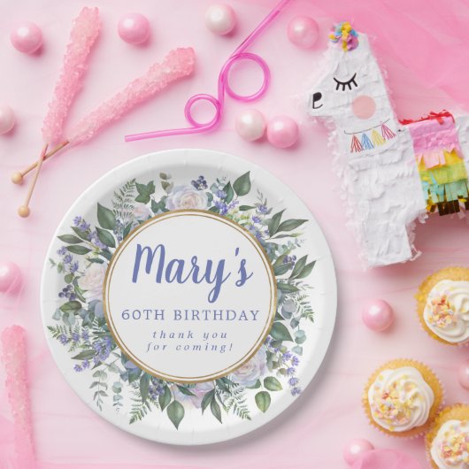 ブルーホワイトフローラ60th誕生日パーティー ペーパープレート (パーティー)