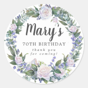 ブルーホワイトフローラ70th誕生日ありがとう ラウンドシール