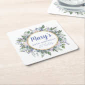 ブルーホワイトフローラ80thバースデーパーティー スクエアペーパーコースター (アングル)