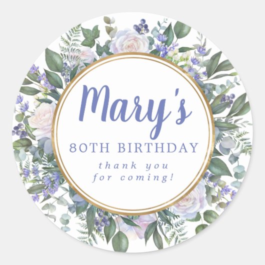 ブルーホワイトフローラ80th誕生日ありがとう ラウンドシール (正面)