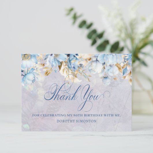 ブルーホワイトフローラ80th誕生日サンキューフラット サンキューカード (スタンド正面)