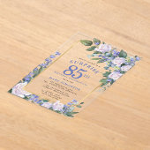 ブルーホワイトフローラ85th誕生日サプライズパーティー アクリル招待状 (レイダウン)