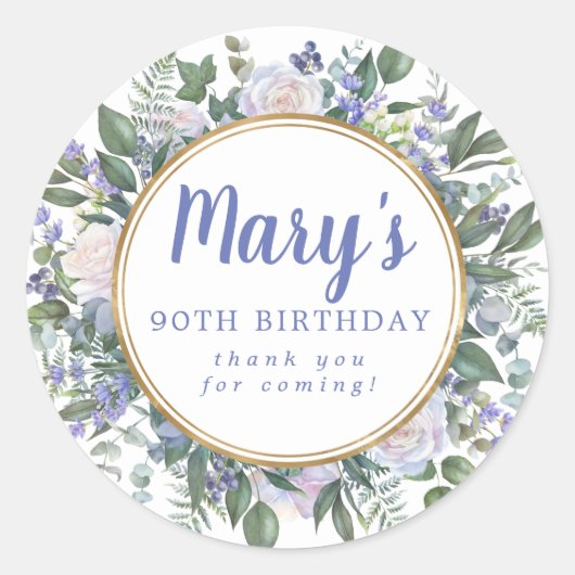 ブルーホワイトフローラ90th誕生日ありがとう ラウンドシール (正面)