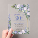 ブルーホワイトフローラ90th誕生日サプライズパーティー アクリル招待状<br><div class="desc">シースルーのアクリル背景に印刷。この90th誕生日サプライズエレガントパーティの招待状と特別な女フェミニン性を称える。驚きと90日は大き書な青い文字だ。誕生祝い後を追。ゲストの名前も青い大文字で表記されている。誕生祝い詳細はシックな金ゴールドフレームに囲まれている。フローラ素子は深い緑色の離れ層である。</div>
