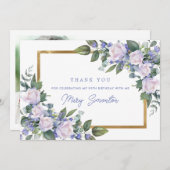 ブルーホワイトフローラ95th誕生日フォトフラット サンキューカード (正面/裏面)