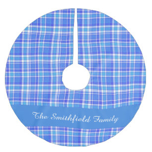 ブルーホワイトプレイドファミリー名カスタムクリスマス ブラッシュドポリエステルツリースカート