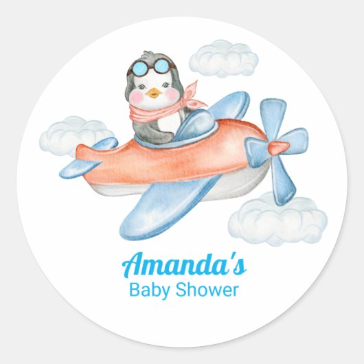 ブルーホワイトベビーシャワーペンギンパイロット ラウンドシール (正面)