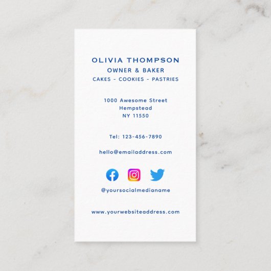 ブルーホワイトベーカーベーカリーケーキクッキーのパティシエ 名刺 (裏面)