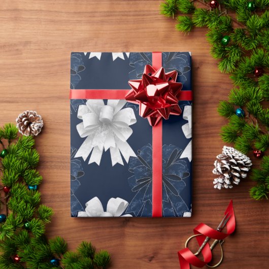 ブルーホワイトボウズホリデークリスマス ラッピングペーパー (クリスマスギフト)