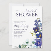 ブルーホワイトボホフローラトレンディースクリプトブライダルシャワー 招待状 (正面)