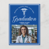 ブルーホワイトメディカルスクール写真卒業 インビテーションポストカード (正面)