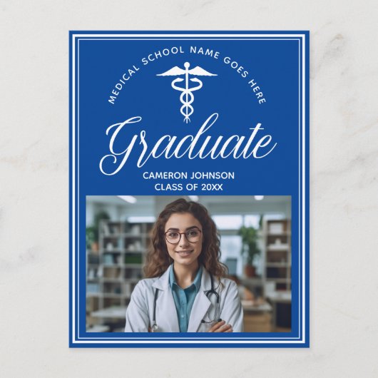 ブルーホワイトメディカルスクール写真卒業 案内ポストカード (正面)